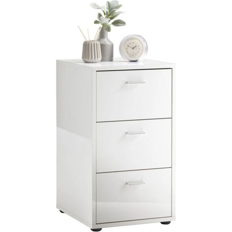 Table d'Appoint 3 Tiroirs Design "Gania" 62cm Blanc Laqué (1/4)