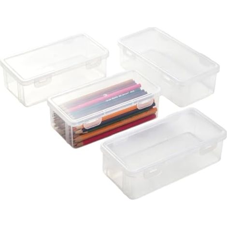 4 boîtes de Rangement Rectangulaires en Plastique Transparent avec Couvercles à Charnière,Bacs Rectangulaires en Plastique pour Papier,Fournitures de Bureau (Blanc, 19×6×5 cm) (1/4)