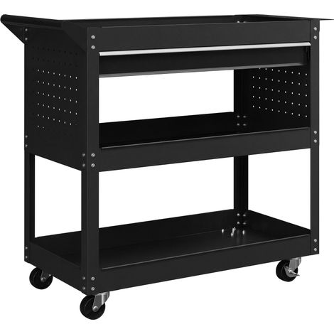 Chariot d'atelier servante atelier à 3 niveaux avec tiroir, porte-outils latéral et poignée, 82x35x76 cm, noir