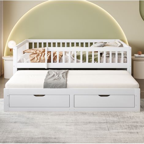 MODFU – Letto a panca estraibile 140x200 cm in pino/MDF con 2 cassetti, barriere di sicurezza, rete a doghe e 29 doghe – Bianco (1/5)