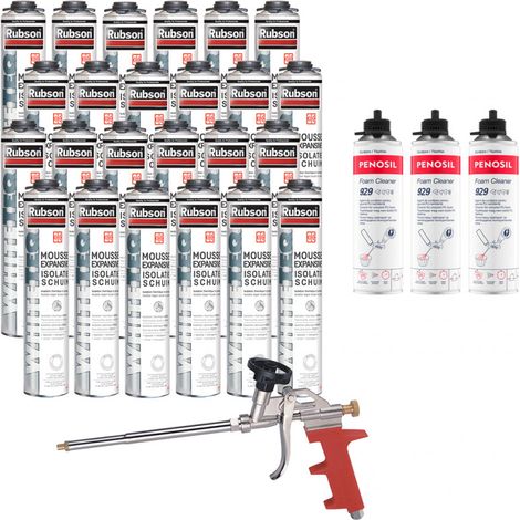 Rubson – Pack de 24 mousses expansives pistolables 750ml – 3 nettoyants mousse PU 500ml – Pistolet manuel pour application précise (1/4)