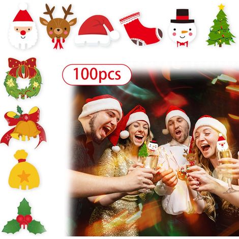 Marque-Verre De Vin De Noël - Cartes Décoratives En Papier Pour Verre À Vin - Motifs Arbre De Noël Bonhomme De Neige Chapeau - 100 Pièces (1/5)