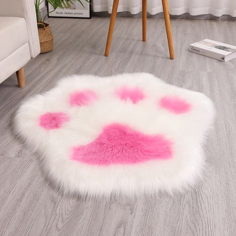 Tapis à motif pattes de chat, peluche artificielle, lavable en machine, convient pour le salon, le canapé et la chambre, 4545cm (blanc + rose rouge).