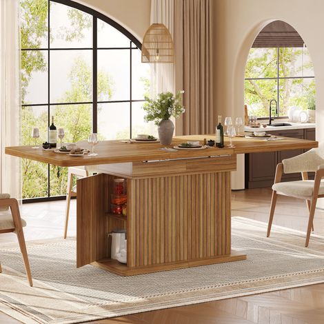Table à Manger Extensible 120/160 cm pour 4-6 Personnes, avec Rangement Caché Intégré, Plateau Rabattable, Pied Design Rainuré Vertical, Effet Bois Noyer - Marron (1/5)
