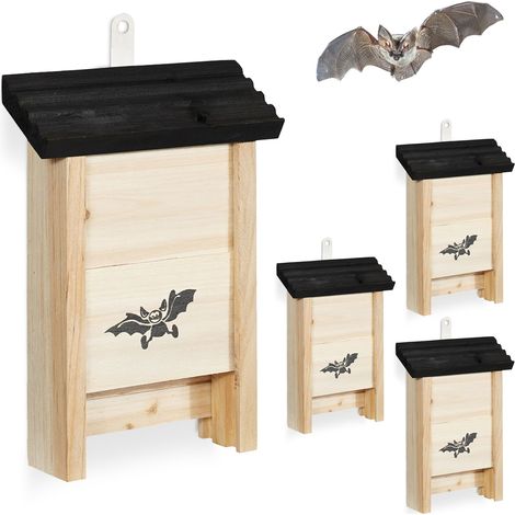 Relaxdays Caja para murciélagos, set de 4, madera sin tratar, HBT 25 x 18 x 6 cm, natural/negro