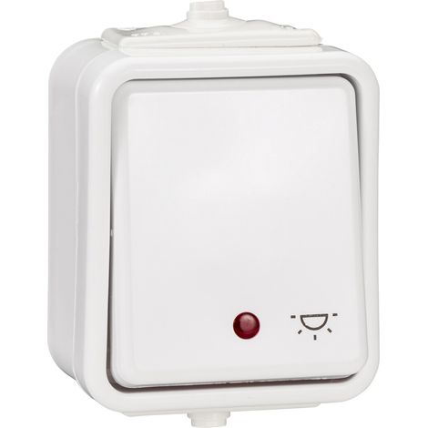 Pulsador de superficie con luz, retroiluminación, IP44, cedro blanco. (1/3)
