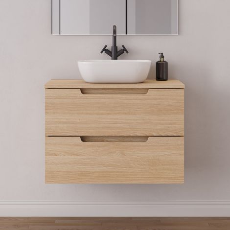 Meuble de salle de bain 70cm avec plateau et vasque à poser arrondie - 2 tiroirs - sans miroir - roble era (chêne clair) - SONRIZA (1/5)