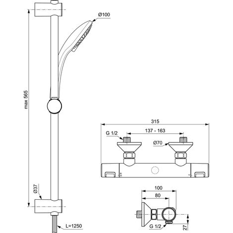 Ideal Standard CeraTherm - Conjunto de ducha T25 con termostato, 3 chorros, cromo A7203AA