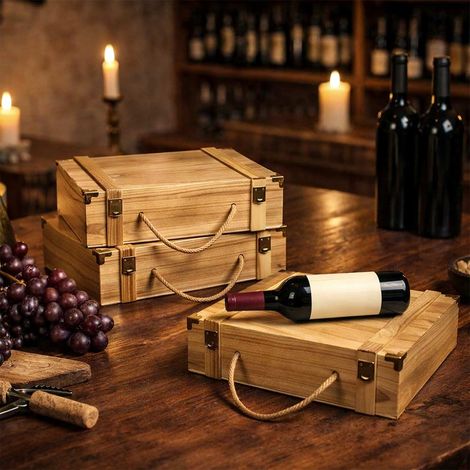 3 caisses en bois pour quatre bouteilles avec poignée et bouchon en métal