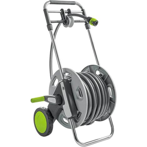 Carrello avvolgitubo da giardino in metallo con sistema guida-tubo completo di pistola raccordi e tubo 30 mt (1/5)