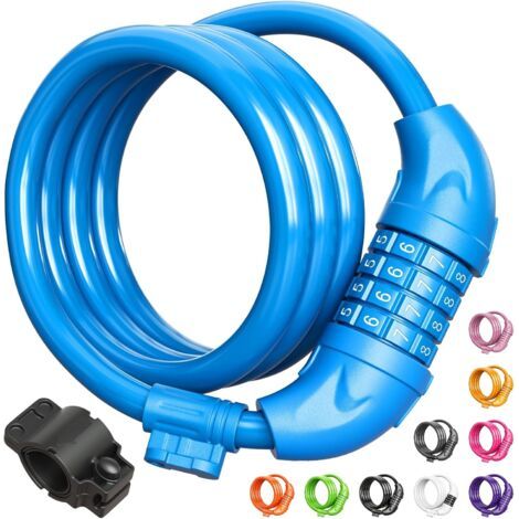 Antivol de vélo, câble de 1,2 m (4 pieds), combinaison réinitialisable de 8 mm (1/3 pouce), avec support de fixation - Bleu (1/5)