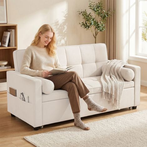 Canapé convertible 2 places 3 en 1 canapé-lit avec lit gigogne double dossier réglable 2 coussins 80.5x137.5x84cm beige