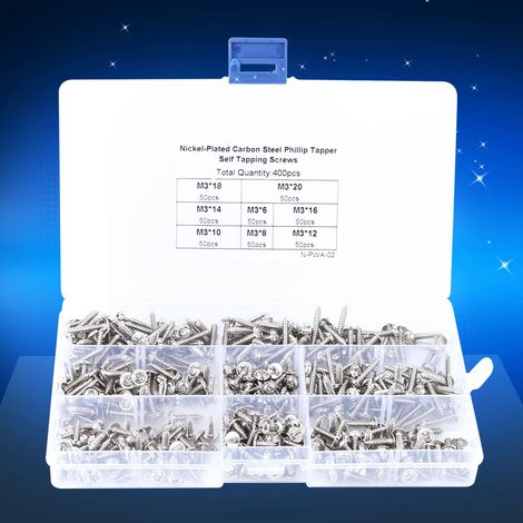 Jeu de 400 vis autotaraudeuses de précision en acier au carbone nickelé M3 (1/5)