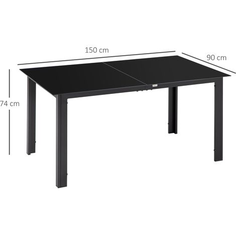 Table de jardin rectangulaire pour 6 personnes, 150x90cm, noire, avec plateau en verre et aluminium. (1/5)