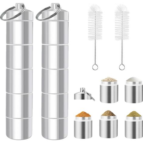 2 Pots à Épices, Alliage d'aluminium, 5 Compartiments, Étanche, Brosses de Nettoyage, Voyage et Camping (1/5)