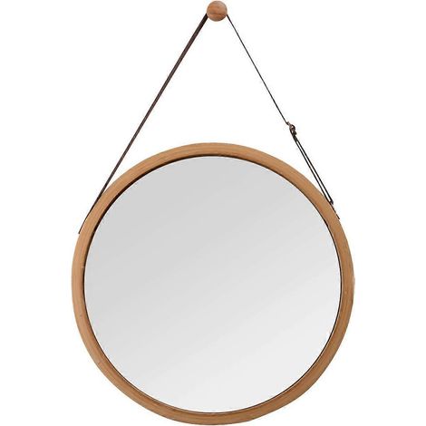 Runder Wandspiegel mit verstellbarem Lederriemen, Badezimmerspiegel, Bambus, braun, 38 cm