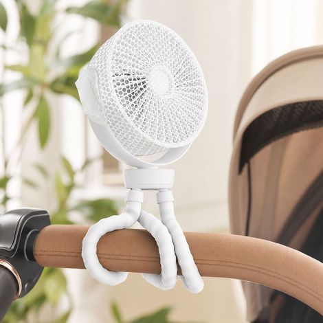 Ventilateur portable poulpe USB rechargeable 3600mAh, grille sécurité 8mm, support flexible pour poussette et bureau, blanc (1/4)