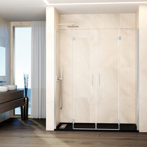 Paroi de douche frontale GLASS panneau fixe + 2 portes pivotantes + panneau fixe 135 cm profilé nickel bras de maintien réglable (25+45+45+25) (1/5)