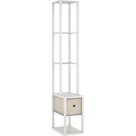 Floor Lamp with Shelves, LED Column Modern Standing Lamp with Fabric Drawer, Adjustable Brightness, Foot Switch for Living Room, Bedroom, Office, White