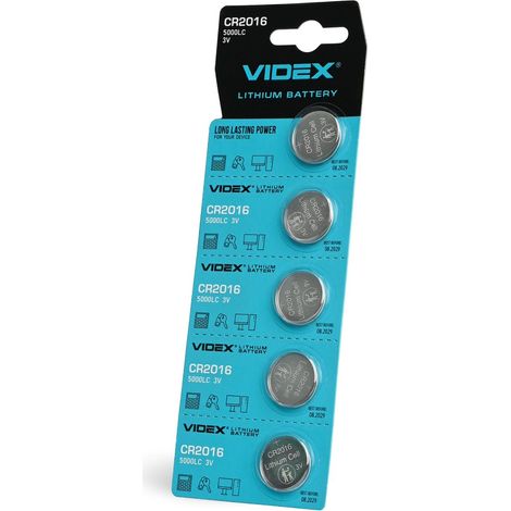 Set di 5 batterie al litio resistenti e potenti Videx CR CR2016 da 3V 80mAh