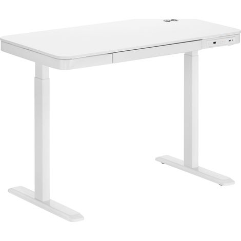 Bureau motorisé assis-debout 118x60cm avec tiroir et chargeur sans fil, Plateau Blanc/Pied Blanc (1/3)