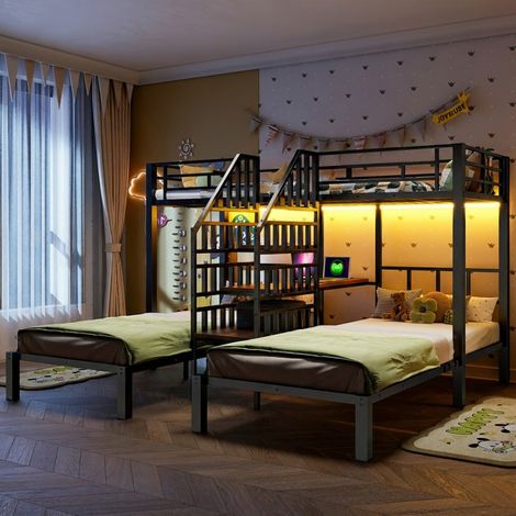 Lit Superposé 90x200cm 3 Places avec Bureau, LED, Escalier Rangement, USB & Prise, Métal Noir (1/5)