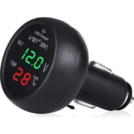 Prise de chargeur de voiture 12-24 V avec port USB/voltmètre/thermomètre pour voitures (vert + rouge) (1/5)