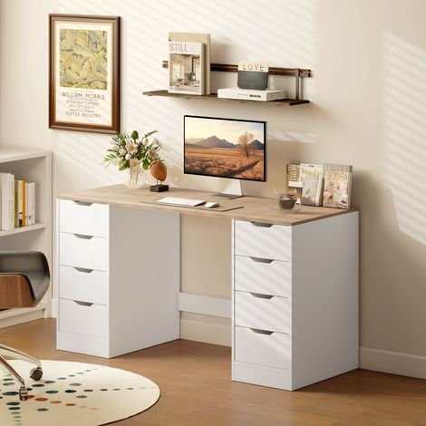 Scrivania per computer da 140 cm, 8 cassetti, scrivania per ufficio domestico, camera da letto, acciaio, legno, bianca (1/5)