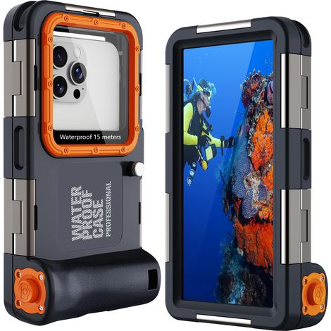Custodia impermeabile professionale IPX8 per smartphone, protezione subacquea per iPhone 16/16 Pro/16 Pro Max, 15/15 Pro/15 Pro Max, 14 Pro Max, blu e arancione (1/5)