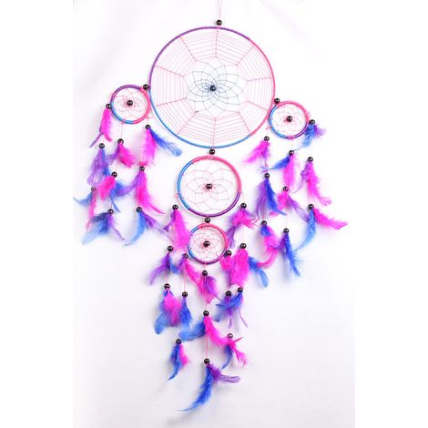 ATTRAPEUR DE RÊVES, Grand Attrape rêve Bleu Roi, Rose, Violet Dreamcatcher à Perles & à Plumes Fait Main - Capteur de Rêves Multicolore