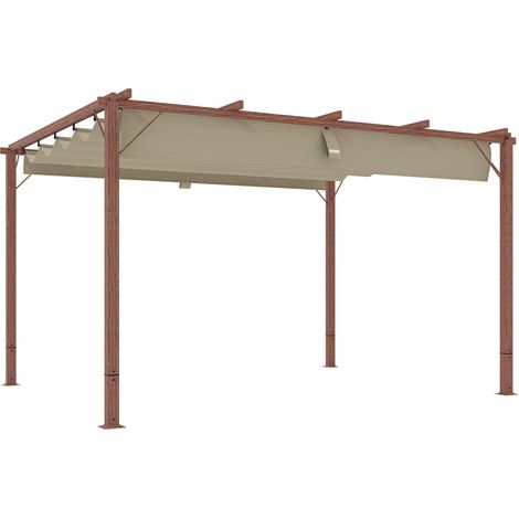 Pergola-gazebo con tetto retrattile, con picchetti e viti, realizzata in poliestere e alluminio, 382 x 300 x 232 cm, colore legno.