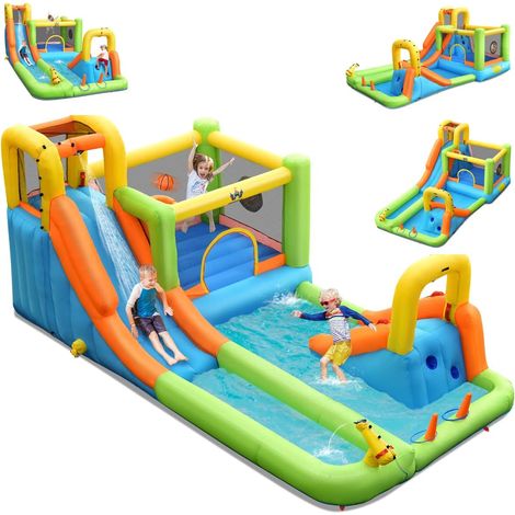 Costway – Château gonflable 8 en 1 avec 2 toboggans – Parc aquatique avec mur d'escalade et panier de basket – Charge 135kg pour 3 enfants de 3-10 ans (1/5)