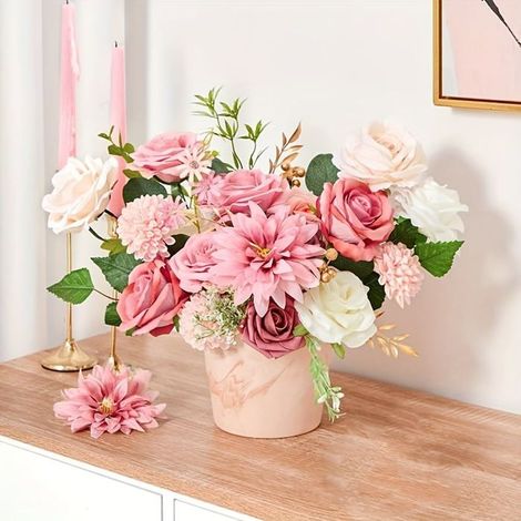 Ensemble de fleurs artificielles roses (dahlias) pour mariage, idéal pour bouquet de mariée, centre de table, décoration de (1/3)
