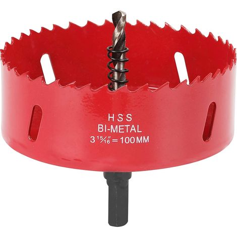 Scie cloche -100 mm - Acier rapide HSS M42 bi-métal - Scie-cloche avec tige hexagonale et foret pour bois, construction sèche et tôle métallique - 1 pièce - Rouge (1/5)
