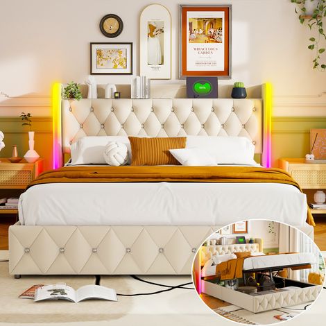 Lit Coffre 160 x 200 cm,avec Éclairage LED et Ports USB Tpye C,Lit Double Rembourré avec Rangement et Tete de lit,pour Adultes et Adolescents,Velours (1/5)