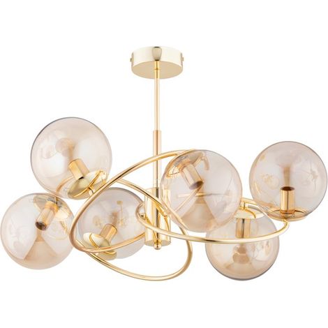 Alfa WIROMAT Modern Glamour Ceiling Chandelier Lamp, Brass-Gold Metal with 6 Amber Glass Globe Shades, 6xE14 max 10W, Dimmable, 66cm for Living/Dining Room