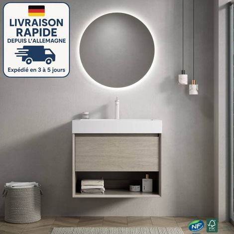 Mueble de lavabo de pared con un seno, 70 cm, rectangular, de resina blanca, con cajón y estante abierto, premontado, acabado roble claro. (1/5)