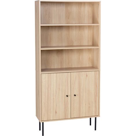 sweeek - Bücherregal mit gerilltem Holzdekor und schwarzem Metall, 2 Türen (1/5)