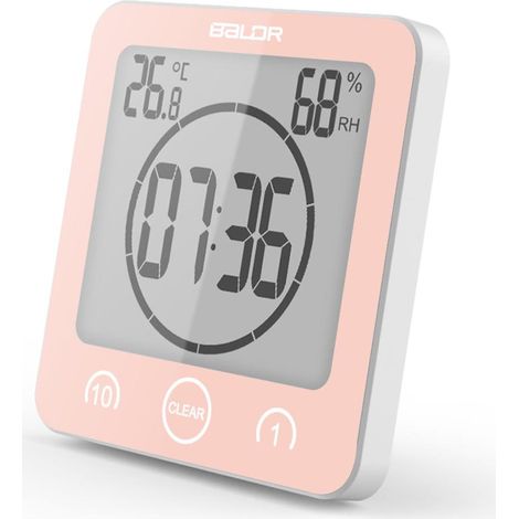 Horloge de salle de bain, minuteur de douche, réveil numérique, horloge étanche pour salle de bain et cuisine avec thermomètre et hygromètre pour la douche, la cuisine et le maquillage (1/4)