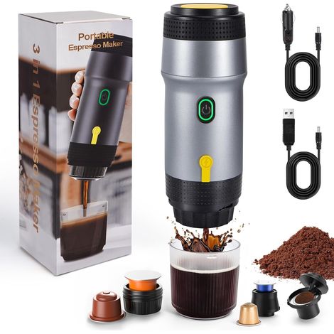 Machine à expresso portable 3 en 1, auto-chauffante, 12 V, compatible avec les grandes capsules, les petites capsules et le café moulu, cafetière électrique de voyage, idéale pour le camping, le campi (1/5)