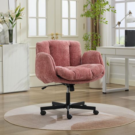 Chaise de bureau pivotante en chenille rose avec accoudoirs relevables et hauteur réglable (1/5)