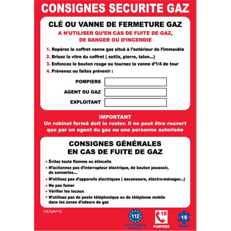 Panneau Consignes sécurité gaz - Rigide A4 210x297mm - 4600963