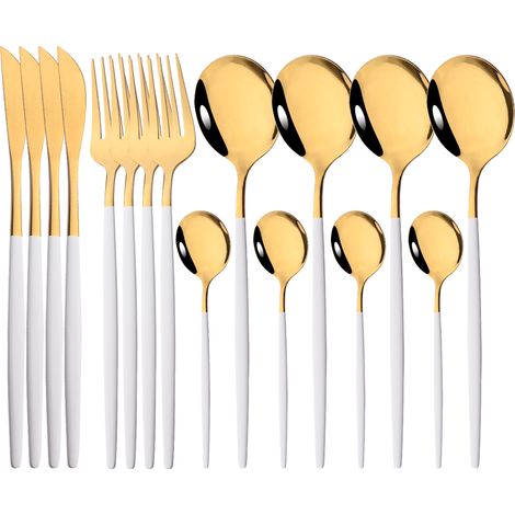 (Platine) Ensemble de couverts 16 pièces, couverts en acier inoxydable à finition miroir, fourchette, cuillère et couteau. (1/5)