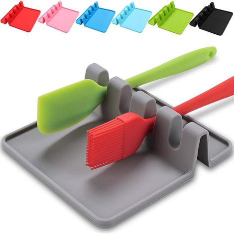 Repose cuillère Repos ustensile Pose ustensiles Cuisine louche spatule Couvert Couvercle,Support en Silicone avec égouttoir,Outil pour protéger Plan de Travail,crédence et Plaque Cuisson(Gris) (1/5)