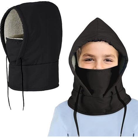 Pasamontañas cálido para niños, invierno, impermeable, polar, pasamontañas, máscara de esquí, cortavientos, cálido, capucha ajustable, gorro con máscara facial, snowboard, negro (1/5)