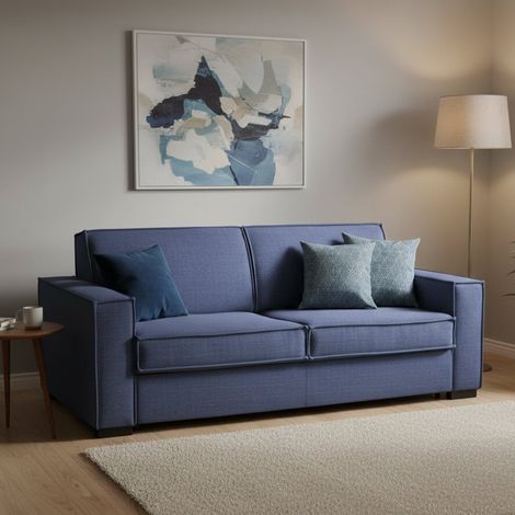 Dmora - Sofa cama Daad, Sofá de 3 plazas, 100% Made in Italy, Sofá de salón con apertura giratoria, en tela acolchada, con reposabrazos delgados, Cm 200x95h90, Azul (1/5)