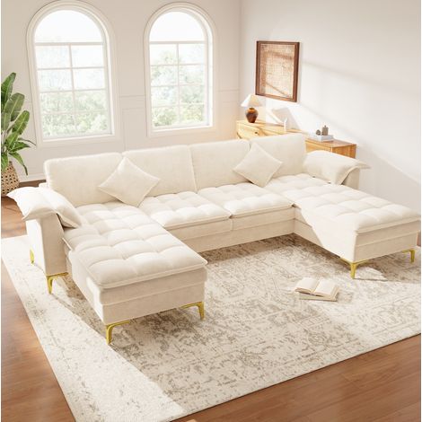 Sofá esquinero en U 4-5 plazas 262x134x86 cm con 2 chaise longues, cojines, tejido chenilla y patas metálicas doradas - beige (1/5)
