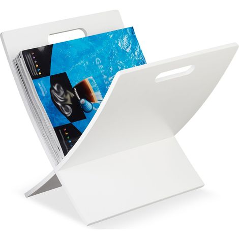 Relaxdays Newspaper Stand, Magazine Holder, Letter, Document, Storage, Decor, Handle, Wood, HxWxD: 31 x 30 x 34cm, White