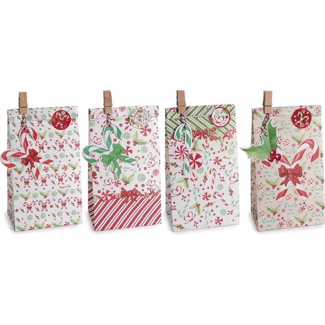 Sacs cadeau de Noël en papier sans anses, décors colorés et pince en bois, lot de 40, 12 x 8 x H. 22,5 cm