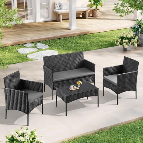 WOLTU Set salotto da esterno, Set da giardino con 2 poltrone, 1 divano ed 1 tavolino, con cuscini, Grigio (1/5)